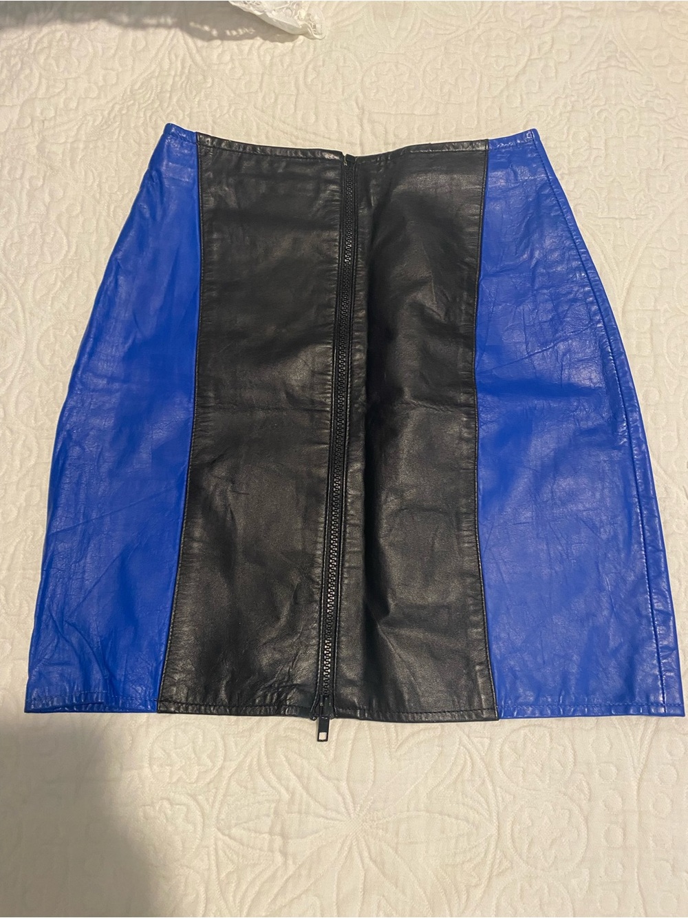 Vintage Black and Royal Blue Genuine Leather Pencil Skirt